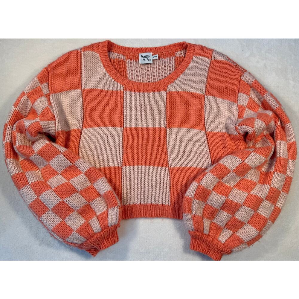 Princess Polly Orange Pink Check Sweater Balloon Sleeve Crop Top Small - Picture 4 of 7